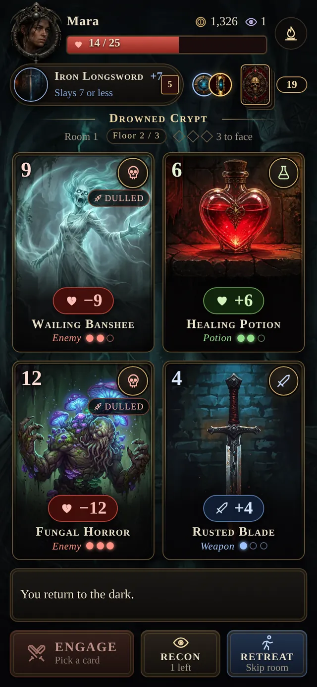 A dungeon room of four cards: a banshee, a healing potion, a fungal horror and a rusted blade