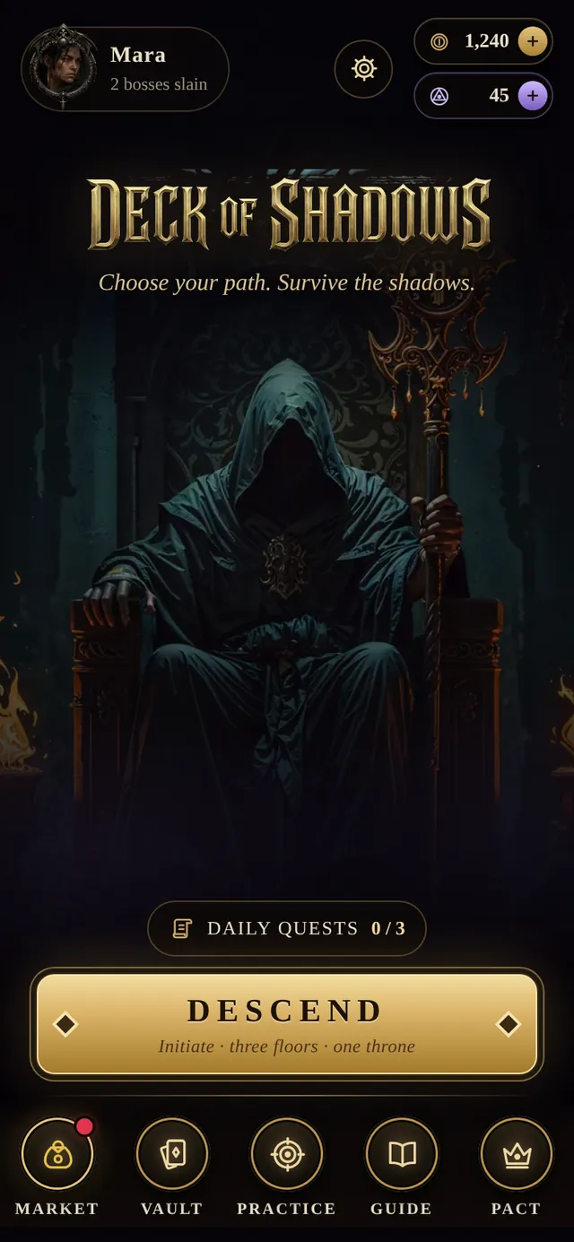 The home screen, with gold, shards, daily quests and the Descend button